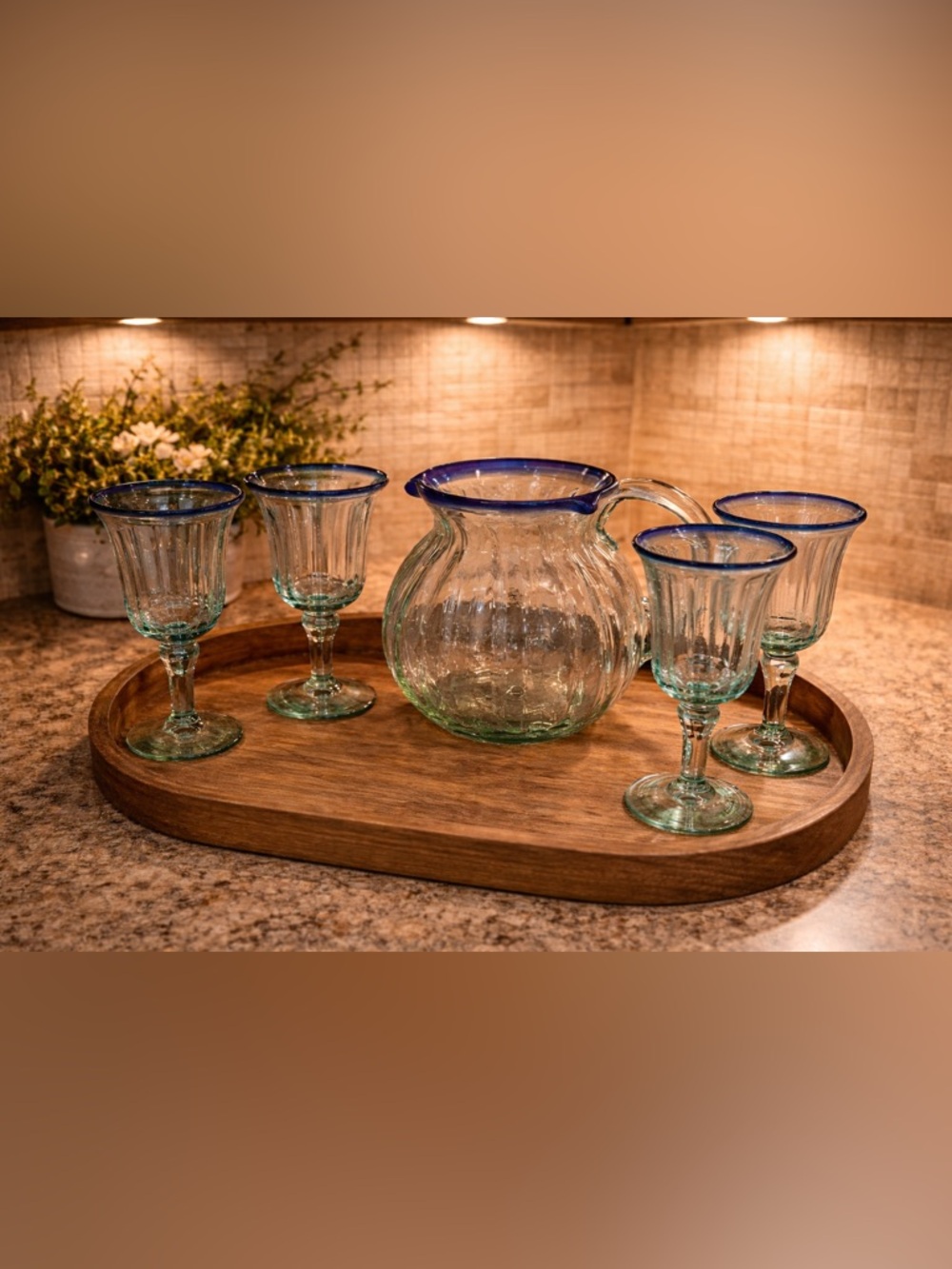 Mexican Hand Blown Glass Pitcher With Blue Rim And 4 Matching Goblets